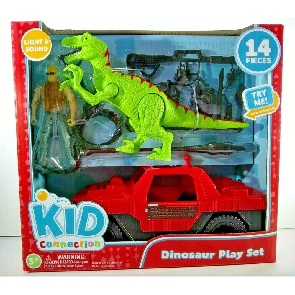 Dinosaur Toy Figure Kid Connection Green Red Jeep Play Set Light & Sound Dino 3+